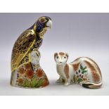 Two Royal Crown Derby paperweights 'Bronze Winged Parrot' and 'Stoat' both with gold stoppers and