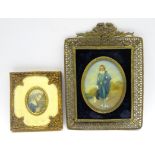 Continental oval miniature portrait of a girl at prayer in gilt metal frame,