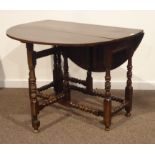 18th century oak dining table, oval drop leaf top, gate-leg action base, turned supports,