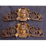 Pair carved beech wall pediments, carved with 17th century style mask, floral and acanthus scrolls,