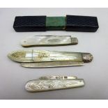 Victorian silver bladed and mother-of-pearl fruit knife in leather case,