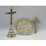 Mother of pearl shell, carved with a religious scene on an easel stand W 18cm,