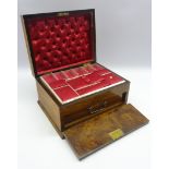 Victorian figured walnut sewing box with lift out tray and fall front with a concealed single