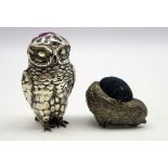 Edwardian silver pin cushion in the form of an Owl, Birmingham, 1906,