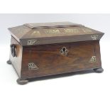 Early Victorian rosewood sewing box inlaid with mother of pearl on compressed bun feet with ring