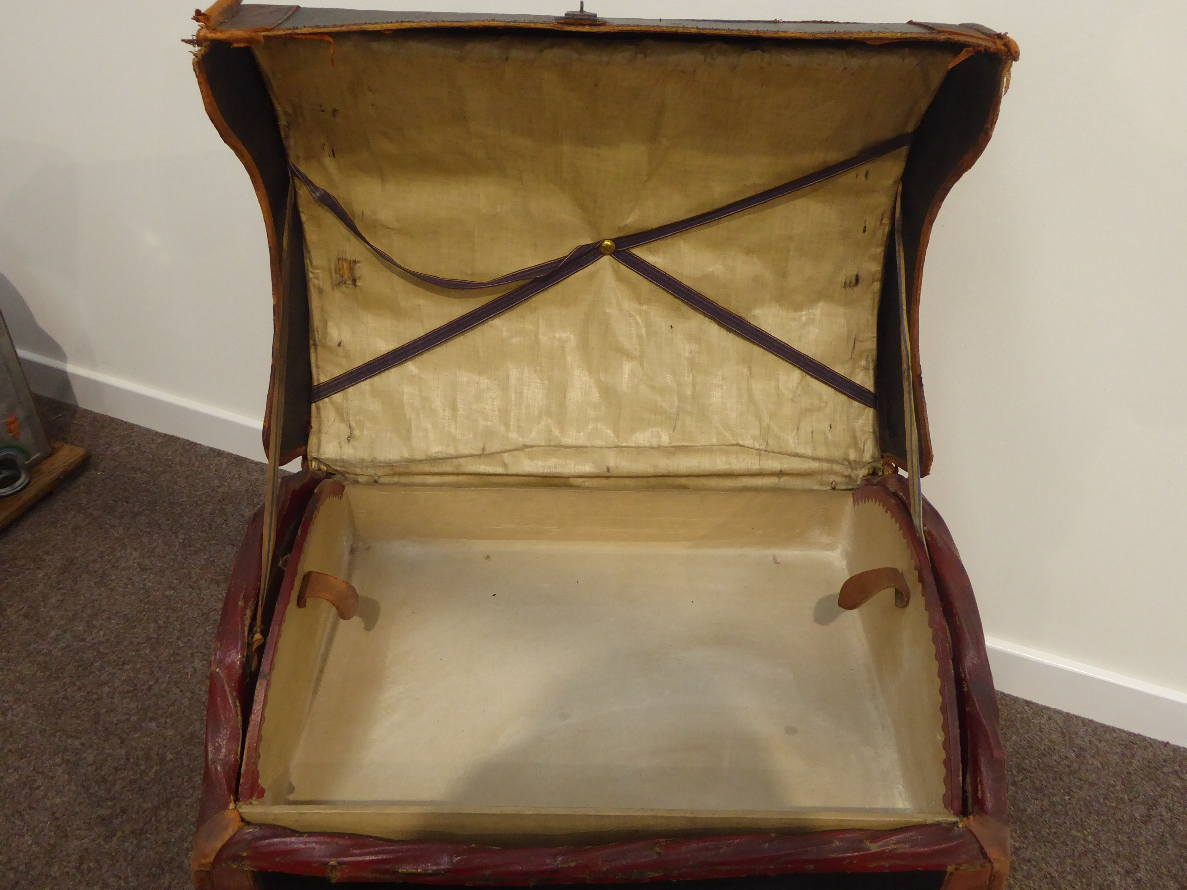 Early 20th century leather dome top travelling trunk with removable tray (W70cm, H60cm, D50cm), - Image 2 of 2