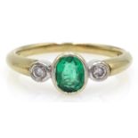 Gold three stone diamond and tourmaline ring,