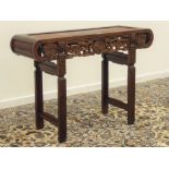 20th century Chinese hardwood altar table, scrolled ends with pierced frieze,