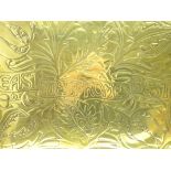 Arts and Crafts oblong brass tray with inscription and a raised pattern of stylised leaves 50cm X