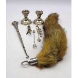 Fox brush with silver mounts Birmingham 1934, pair of silver dressing table candlesticks,