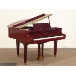 Late 20th century 'Cranes' red lacquered baby grand piano, iron framed and overstrung,