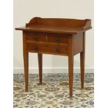 Arts & Crafts oak side table, raised gallery back, two short and one long drawers, W77cm, H85cm,