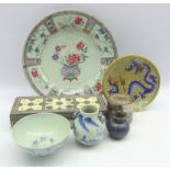 Chinese famille rose plate 31cm diam, Chinese blue and white bowl decorated with horses 14cm diam,