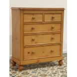 Victorian polished and waxed pine chest, two short and three long graduating drawers, turned feet,