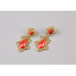 A Pair of 18K Yellow Gold Coral Earrings