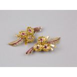 A Pair of 18K Yellow Gold Ruby and Diamond Brooch