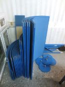 Quantity of blue, curved, accoustic dividers/display stand sections with supports