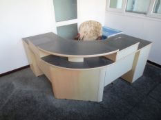 Light oak effect L shape reception desk, approx 1400 x 1400mm