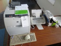 HP Color Laserjet 3600 printer, Samsung SF-340 fax machine, and assorted toner cartridges