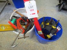 Two buckets of assorted hand tools, clamps, etc.