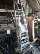 Two various aluminium A frame step ladders and two accro props