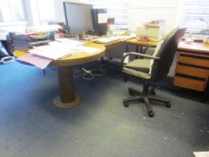 Two Oak Effect office desks, additional table section, office swivel chair and cloth upholstered