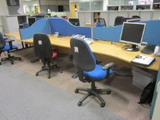 Desk suite comprising of: 3 x wood effect waved front desks, 1600mm x 1000mm, 3 x wood effect corner