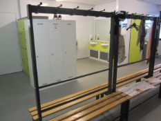 2 x wood slatted metal framed changing room bench with upper clothes hanging, length: 1300mm x