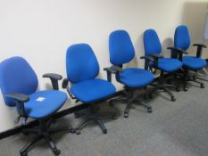 5 x Blue upholstered swivel arm chairs