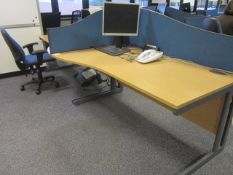 Desk suite comprising of: 2 x wood effect waved front desks, 1600mm x 1000mm, 3 x upholstered desk