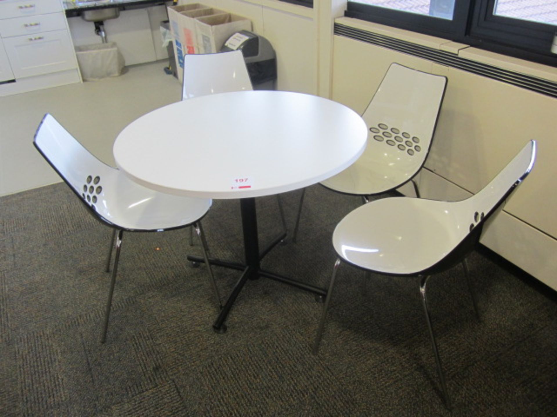 4 x plastic Black/White canteen chairs and white melamine top circular canteen table, 900mm dia.