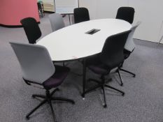 Oval meeting table, approx. size 2.4m x 1.2m with 7 x upholstered swivel meeting chairs