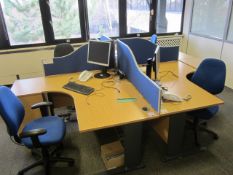 2 x Lightwood effect corner workstations, 1600mm 1200mm, 4 x upholstered desk partitioning screen