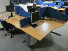 9 x wood effect waved front desks, 1600mm x 1000mm, 10 x upholstered desk partitioning screen