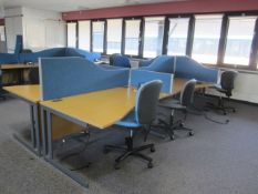 Desk suite comprising of: 6 x wood effect waved front desks, 1600mm x 1000mm, 7 x upholstered desk