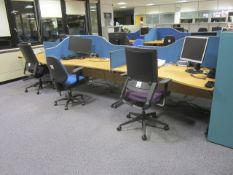 Desk suite comprising of: 6 x wood effect waved front desks, 1600mm x 1000mm, 5 x upholstered desk