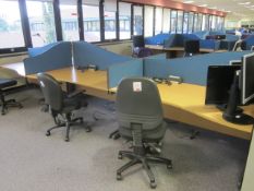 Desk suite comprising of: 6 x wood effect waved front desks, 1600mm x 1000mm, 7 x upholstered desk