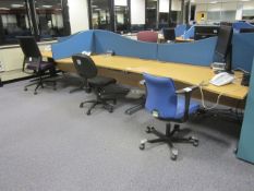 Desk suite comprising of: 6 x wood effect waved front desks, 1600mm x 1000mm, 5 x upholstered desk