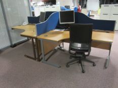 Desk suite comprising of: 10 x wood effect corner workstations, 1600mm x 1200mm, 9 x upholstered