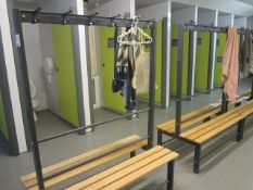 2 x wood slatted metal framed changing room bench with upper clothes hanging, length: 1300mm x