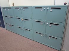 4 x Bisley metal lateral file locker (6 door) with postal slot, approx. height: 1300mm x width: