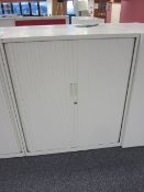 2 x metal tambour fronted cupboards, approx. height: 1150mm x width: 1000mm x depth: 475mm