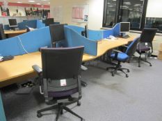 Desk suite comprising of: 6 x wood effect waved front desks, 1600mm x 1000mm, 4 x upholstered desk