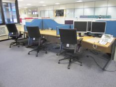 Desk suite comprising of: 6 x wood effect waved front desks, 1600mm x 1000mm, 7 x upholstered desk