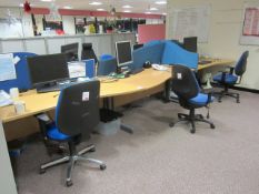 Desk suite comprising of: 6 x wood effect waved front desks, 1600mm x 1000mm, 4 x upholstered desk