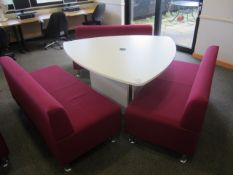 Canteen suite comprising: 3 x 2 seat Red upholstered sofa 1 x white melamine top table, length: