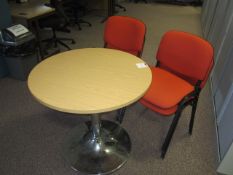 Lightwood effect circular meeting table, 4 x metal framed Orange upholstered stacking meeting chairs