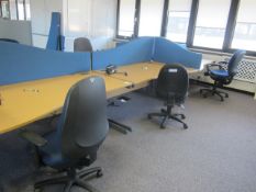 Desk suite comprising of: 6 x wood effect waved front desks, 1600mm x 1000mm, 5 x upholstered desk