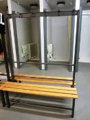 2 x wood slatted metal framed changing room bench with upper clothes hanging, length: 1300mm x