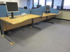 Desk suite comprising of: 6 x wood effect waved front desks, 1600mm x 1000mm, 7 x upholstered desk